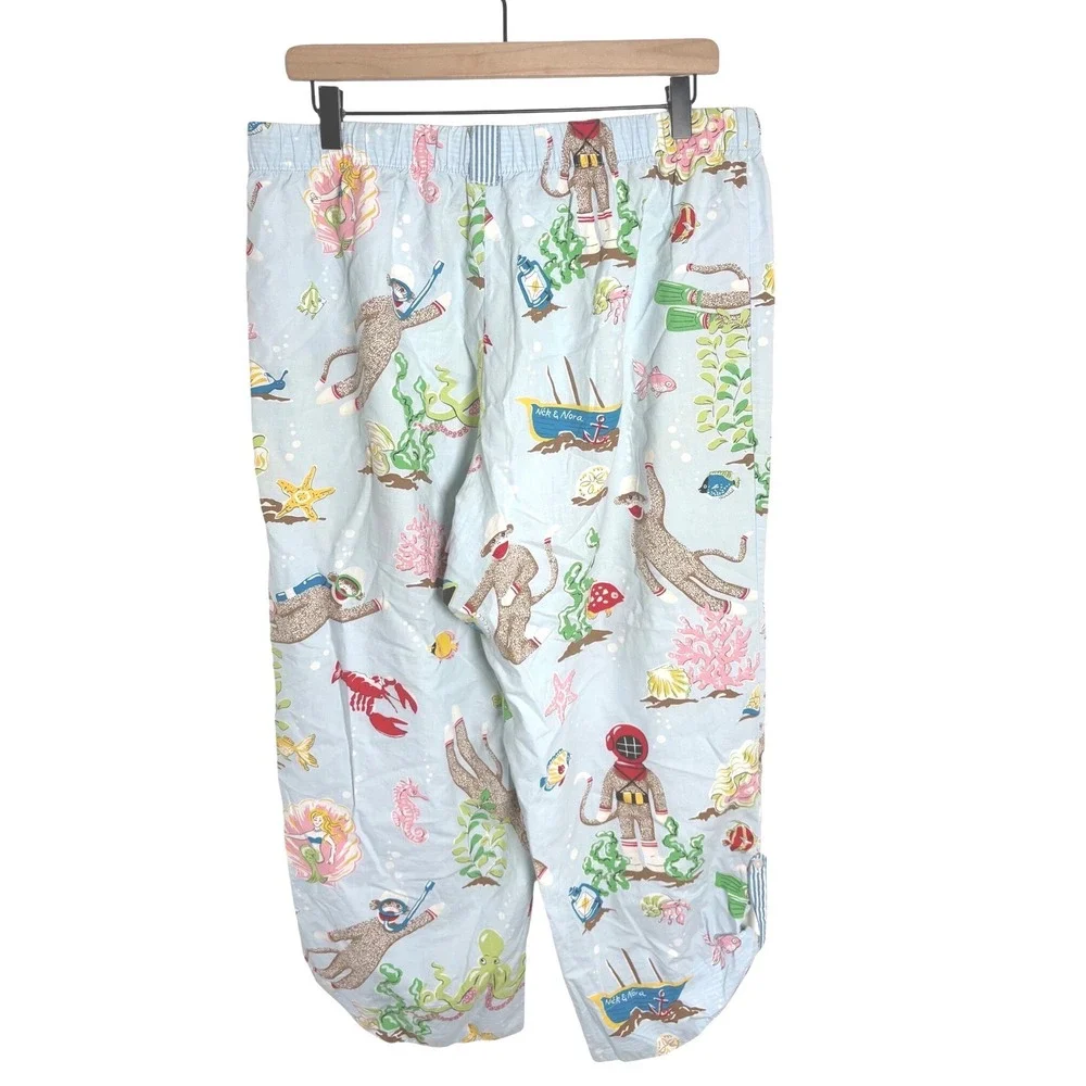 Nick & Nora Sock Monkey Under the Sea Scuba Pajama Pants Blue Cotton Women Large